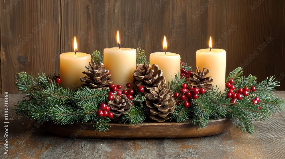 Elegant Christmas candle centerpiece with pinecones and red berries glowing softly Elegant Christmas candle centerpiece with pinecones and red berries glowing softly