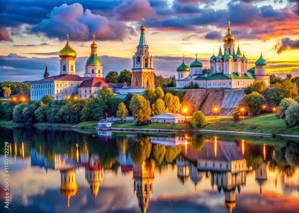 Fototapeta premium Stunning Oka River Russia Architecture: Breathtaking Riverfront Buildings & Landscapes
