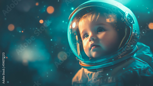 Cinematic, realistic photograph of an adorable baby in a space suit with helmet