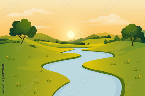 Spring landscape vector illustration of a river flowing along green hills, meadows, trees and fields against the backdrop of the setting sun. Landscape of spring nature.