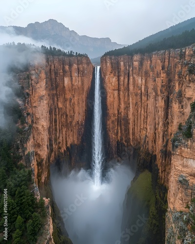 Fototapeta Naklejka Na Ścianę i Meble -  A breathtaking aerial view of a majestic waterfall cascading over steep rocky cliffs, surrounded by lush green forests and misty mountains, creating a serene and powerful atmosphere.