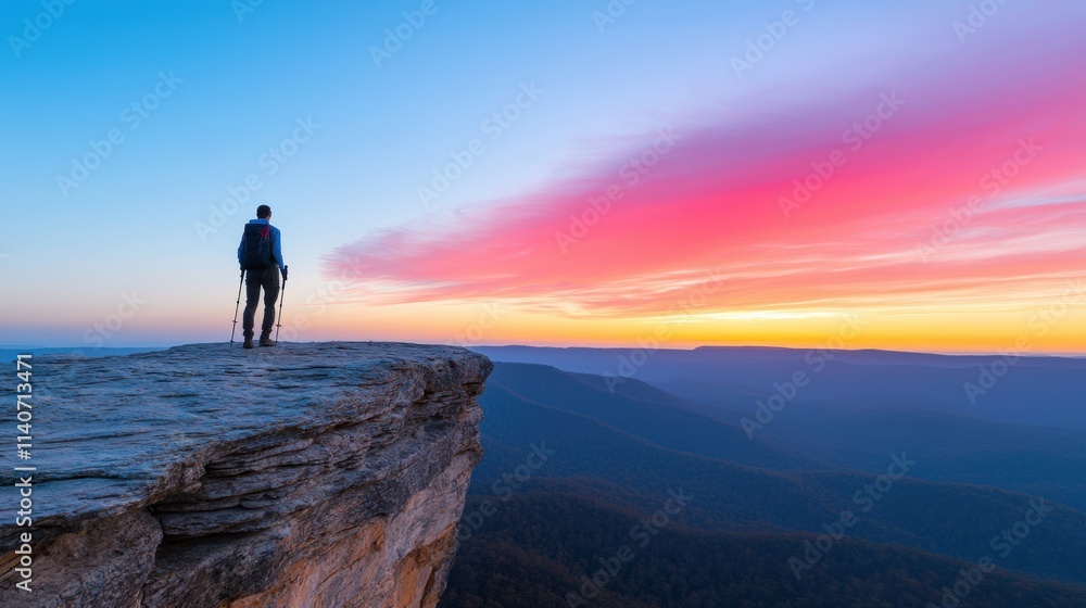 Path of beginning and start exploration, A silhouette of a hiker standing on a rocky ledge, overlooking a breathtaking sunset with vibrant pink and blue hues in the sky. Path of beginning and start exploration, A silhouette of a hiker standing on a rocky ledge, overlooking a breathtaking sunset with vibrant pink and blue hues in the sky.