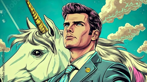 Unleash Your Potential: Confident Businessman on a Majestic Unicorn - A Surreal Poster for Your Sports Interior, Inspiring Heroism and Ambition in Every Detail! photo