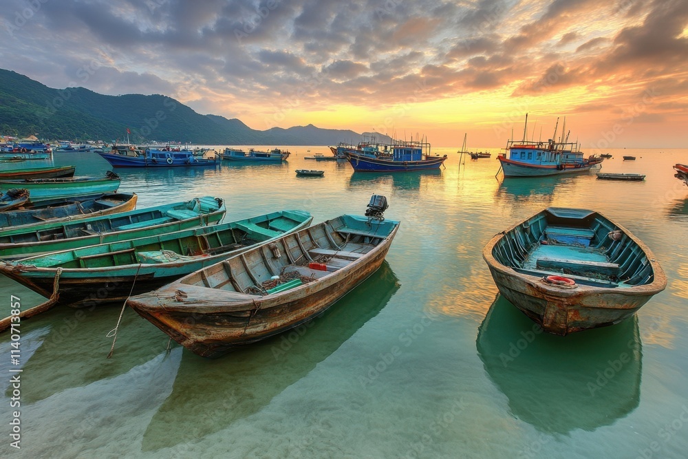 Fishing boats sit on calm water at sunset Fishing boats sit on calm water at sunset