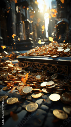 A dramatic view of golden coins spilling from an ornate chest onto a cobblestone street, with sunlight illuminating the treasure and falling leaves.
 photo