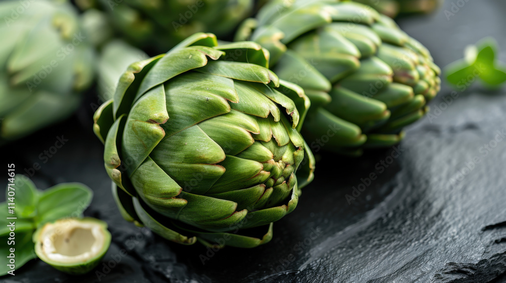 A detailed close-up of fresh green artichokes arranged on a textured slate surface, with vibrant green leaves and a halved artichoke showcasing its natural beauty.
A detailed close-up of fresh green artichokes arranged on a textured slate surface, with vibrant green leaves and a halved artichoke showcasing its natural beauty.
