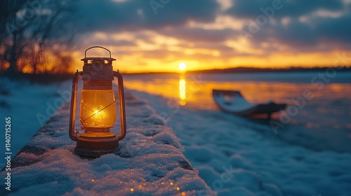 A vintage lantern glowing beside a rustic wooden sled in the snow. photo