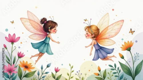 Seamless children's pattern with fairies and flowers,. pattern with cartoon fairy or elves for children, girls. Drawing for wallpaper, children's linen, poster, notebook cover