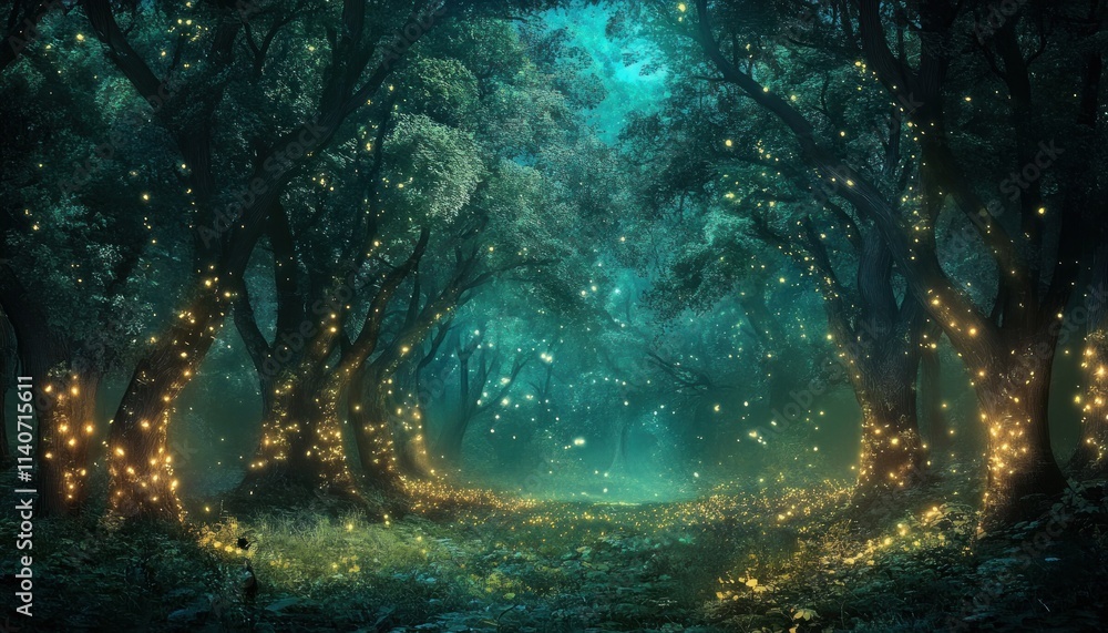 Enchanted Forest with Glowing Fireflies and Trees Enchanted Forest with Glowing Fireflies and Trees
