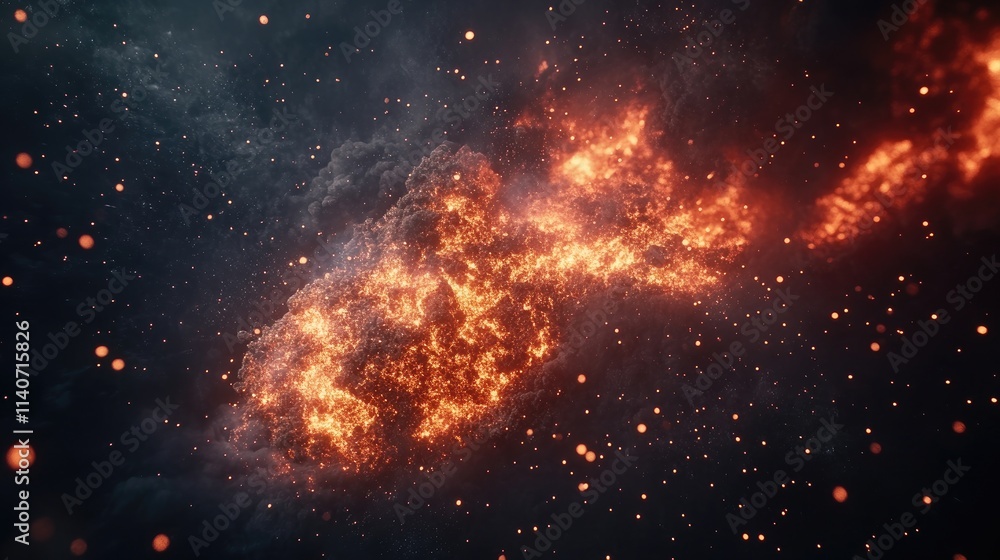 Naklejka premium Exploding fireball in slow motion, glowing embers flying in all directions, dark background, ultra-detailed wallpaper