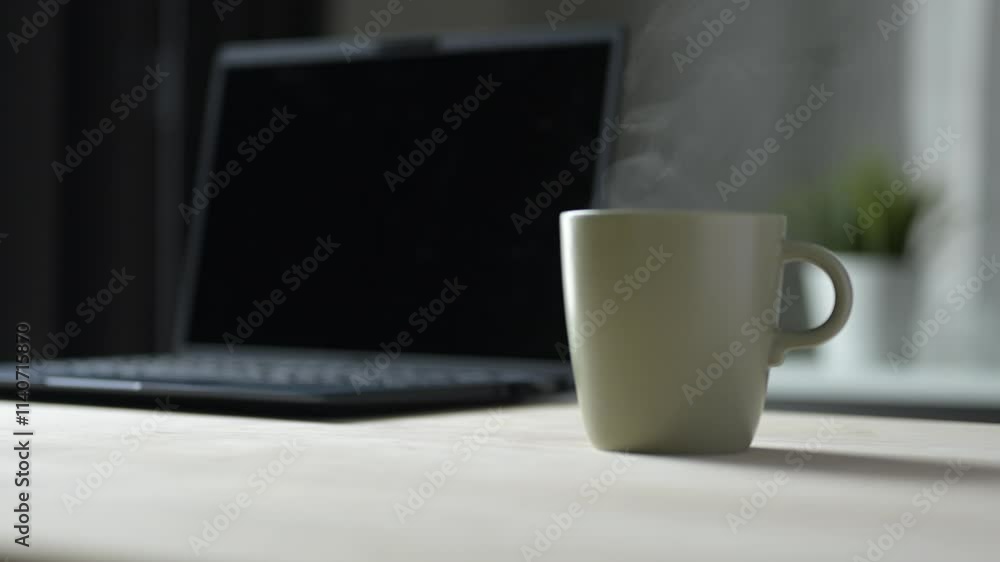 Morning Coffee Break at Home Office A Relaxed Still Life Scene with Laptop and Steaming Mug Inviting Comfort and Productivity