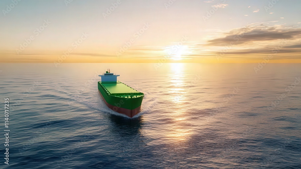 Naklejka premium green logistic transportation concept. A cargo ship sails across calm waters during a vibrant sunset.