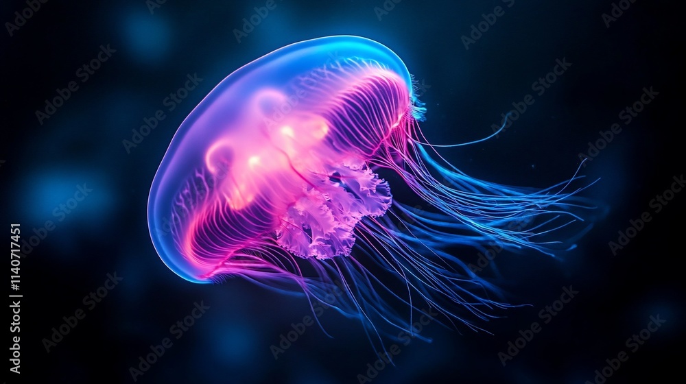 Fototapeta premium Glowing pink and blue jellyfish underwater.