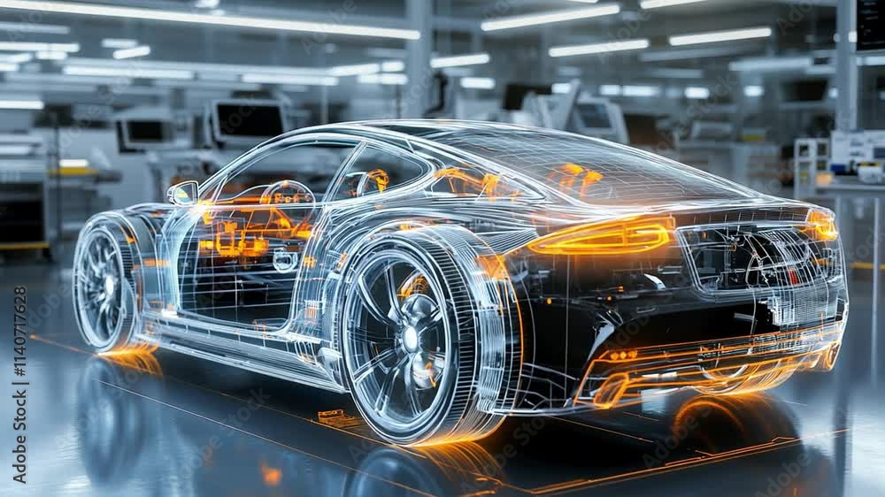 Sleek car design displays intricate holographic components and engineering features in a modern automotive facility, highlighting innovation and craftsmanship Sleek car design displays intricate holographic components and engineering features in a modern automotive facility, highlighting innovation and craftsmanship