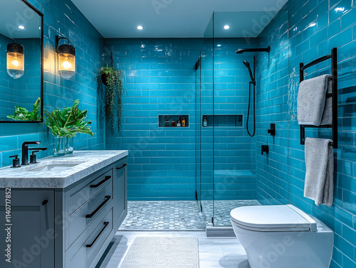 Contemporary Blue Bathroom with Glass Shower
