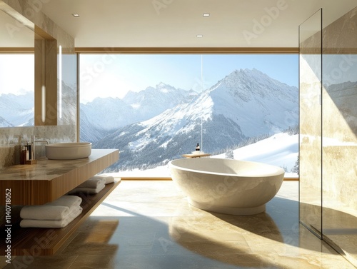 A bathroom with a large bathtub and a window overlooking a snowy mountain photo