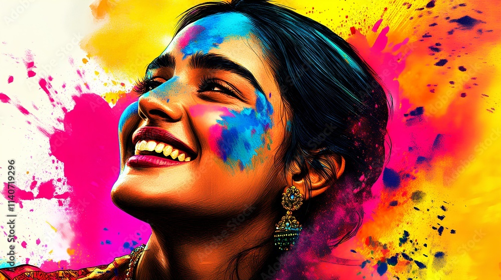 Fototapeta premium Watercolor illustration of joyous woman with traditional clothing and Holi powder on her face, enjoying the festival.