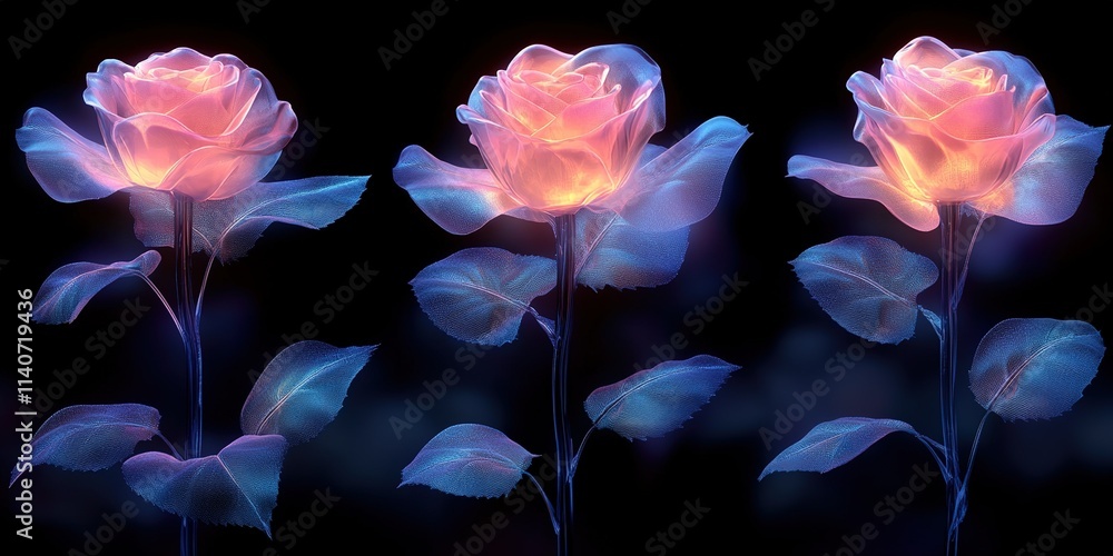 Obraz premium Beautiful glowing roses in ethereal colors against a dark background, showcasing delicate petals and vibrant hues