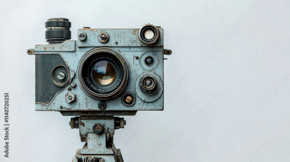 Fototapeta premium Vintage Film Camera With Detailed Lenses And Knobs On White Background. Steampunk Camera Concept