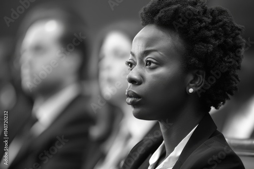 Black Legal. Female Prosecutor Talking in Courtroom Trial - Serious and Focused