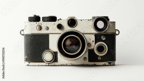 Vintage Film Camera With Detailed Lenses And Knobs On White Background. Steampunk Camera Concept