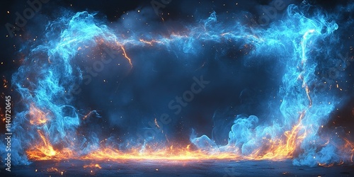 Vibrant flames and smoky blue hues create a dramatic, imaginative background display for artistic projects