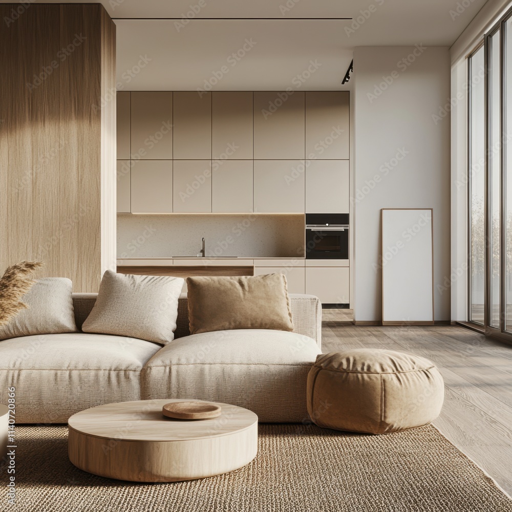 A living room with a couch, a coffee table, and a potted plant A living room with a couch, a coffee table, and a potted plant