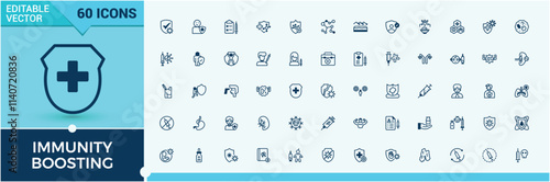Immunity Boosting linear icon collection. Includes thin line care, injection, virus, healthcare, vaccination and more. Pixel perfect. Solid line editable stroke.