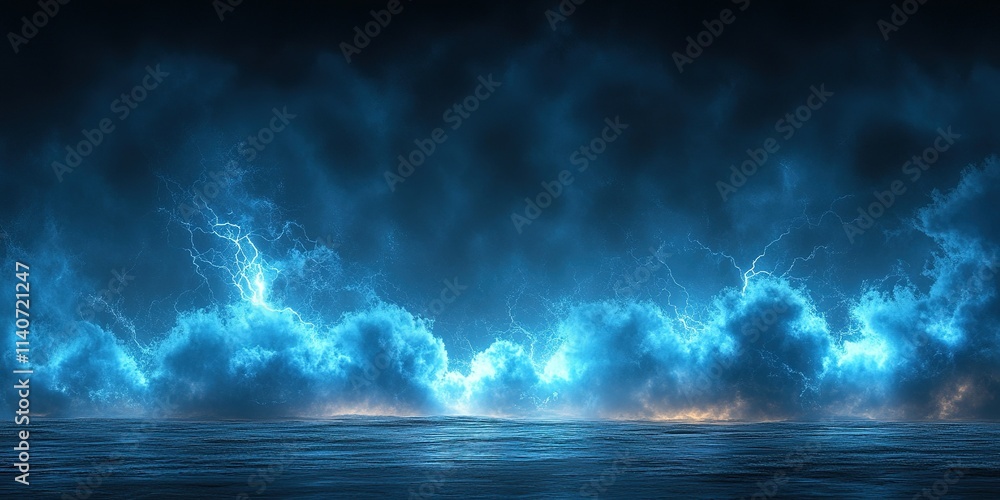 Fototapeta premium Mysterious ocean waves illuminated by electric blue lightning during a stormy night sky