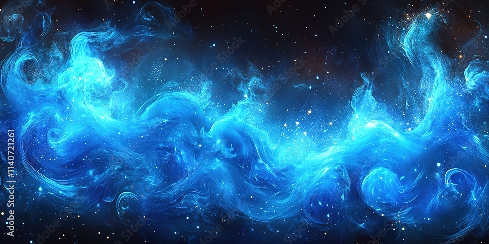 Swirling cosmic clouds of blue light illuminate the vastness of space with stars scattered across the infinite darkness Swirling cosmic clouds of blue light illuminate the vastness of space with stars scattered across the infinite darkness