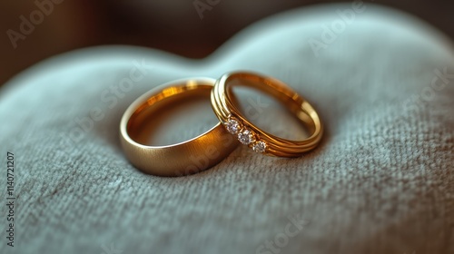 Two intertwined golden wedding rings resting on a heart-shaped velvet cushion. photo