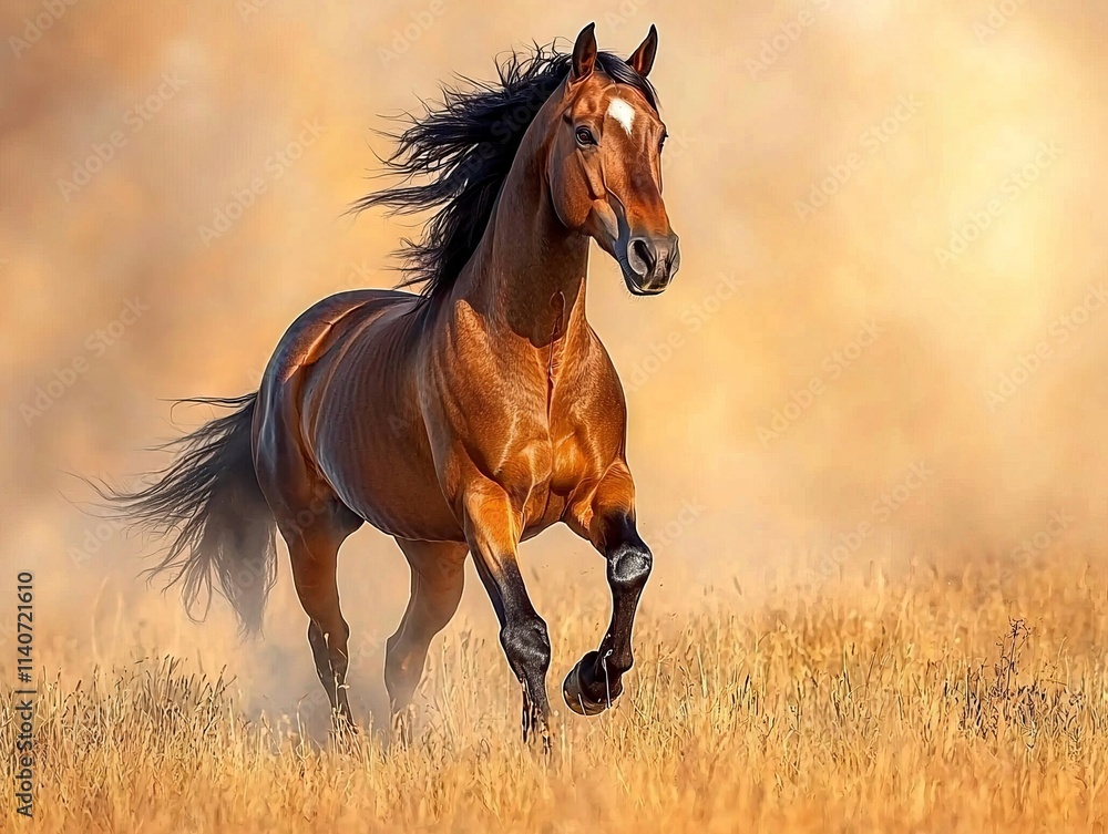 A majestic brown horse galloping through a golden field. A majestic brown horse galloping through a golden field.