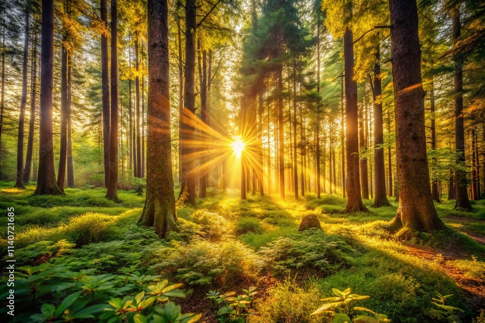 Fototapeta premium Sunny Forest Vintage Photography - Golden Hour Woods, Retro Nature Scene, Antique Camera Effect