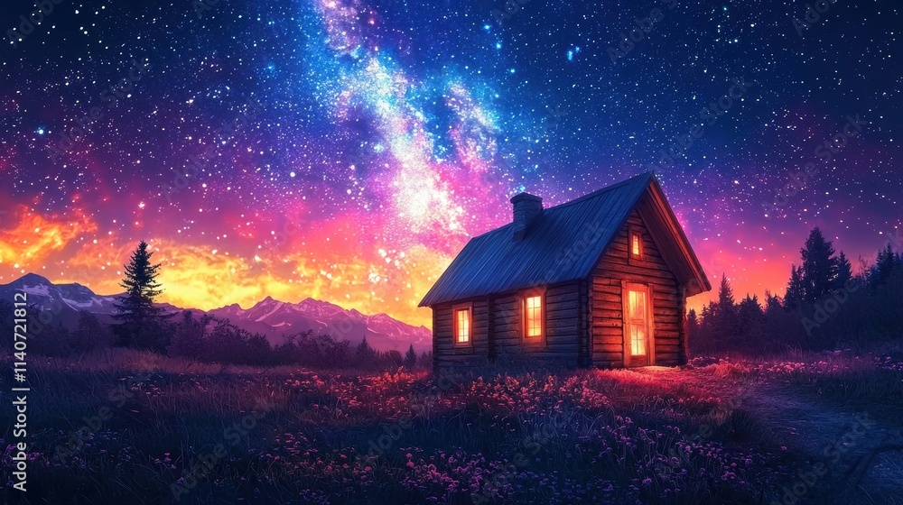 A small wooden cabin glowing warmly under a vibrant night sky filled with northern lights A small wooden cabin glowing warmly under a vibrant night sky filled with northern lights