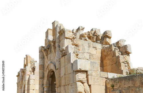 Roman ruins (carved on white background) in the Jordanian city of Jerash (Gerasa of Antiquity), capital and largest city of Jerash Governorate, Jordan #1140721849