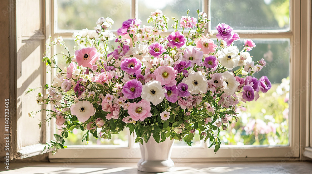 Fototapeta premium A white vase filled with pink and white flowers sits on a windowsill. The flowers are arranged in a way that creates a sense of balance and harmony