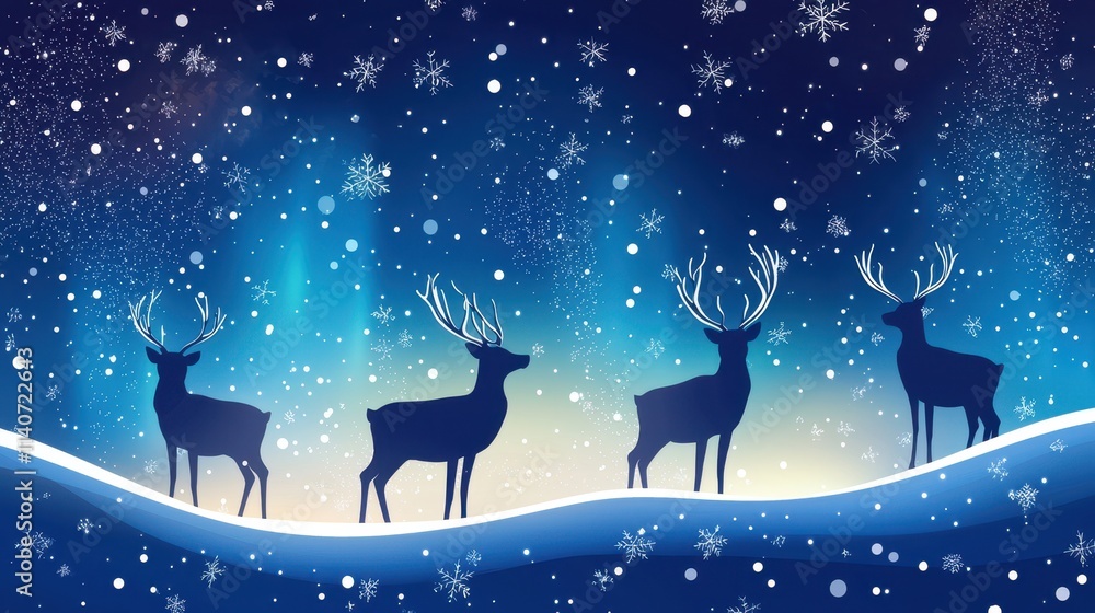 Silhouettes of reindeer standing on a snowy ridge with glowing northern lights behind them Silhouettes of reindeer standing on a snowy ridge with glowing northern lights behind them