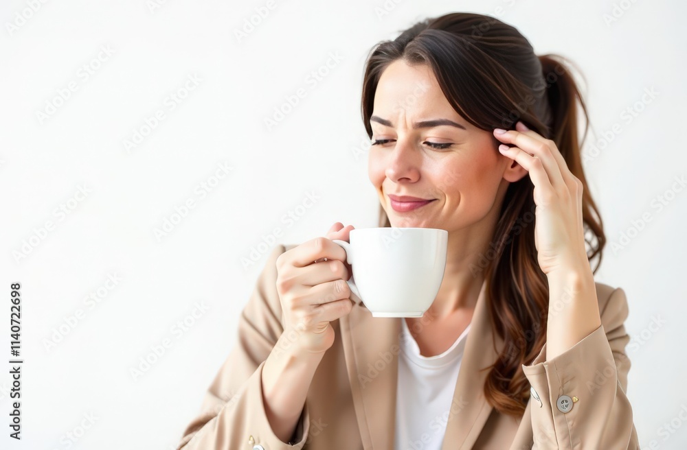 sick woman with headache holding cup of hot tea sick woman with headache holding cup of hot tea