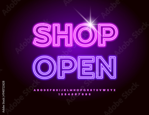 Vector glowing Advertisement Shop Open. Digital Neon Font. Light tube Alphabet Letters and Numbers set.