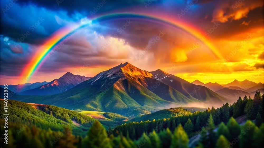 Obraz premium Sunset Mountain Rainbow Tilt-Shift Miniature Landscape Photography