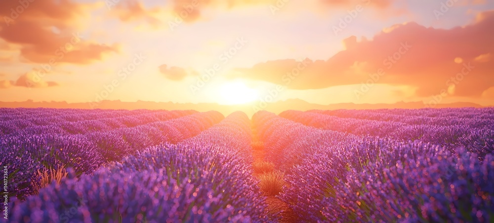 A stunning sunset illuminates a vast lavender field, creating a mesmerizing blend of purple hues. The sky is adorned with soft clouds, enhancing the tranquil atmosphere. A stunning sunset illuminates a vast lavender field, creating a mesmerizing blend of purple hues. The sky is adorned with soft clouds, enhancing the tranquil atmosphere.