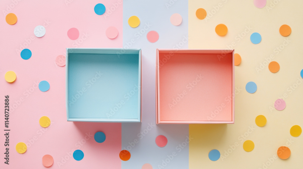 Overhead view of an empty open birthday present gift box with colorful confetti Overhead view of an empty open birthday present gift box with colorful confetti