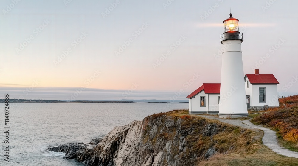 Path of beginning and start exploration, A picturesque lighthouse stands on a rocky cliff, overlooking a serene ocean under a soft sunset sky, symbolizing guidance and coastal beauty. Path of beginning and start exploration, A picturesque lighthouse stands on a rocky cliff, overlooking a serene ocean under a soft sunset sky, symbolizing guidance and coastal beauty.