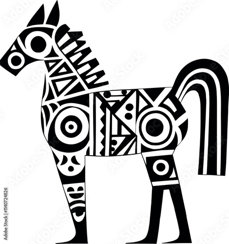 Horse inspired by traditional Mexican tribal graphics, black and white, bold contrasts