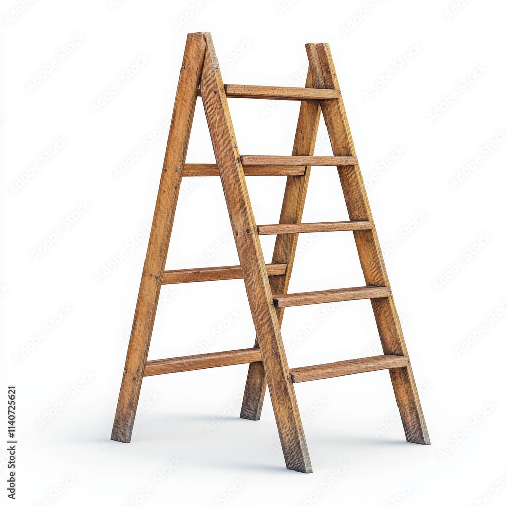 A classic wooden ladder with evenly spaced rungs and a sturdy frame on a white background A classic wooden ladder with evenly spaced rungs and a sturdy frame on a white background