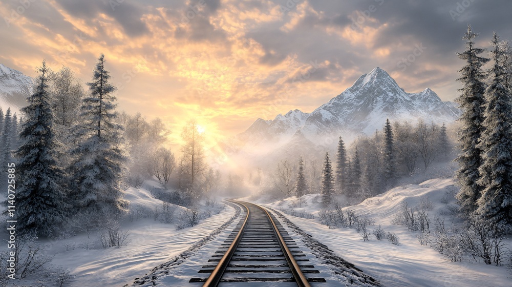 A tranquil view of snow-covered mountains at sunrise, with a railway track winding through the pristine landscape. A tranquil view of snow-covered mountains at sunrise, with a railway track winding through the pristine landscape.