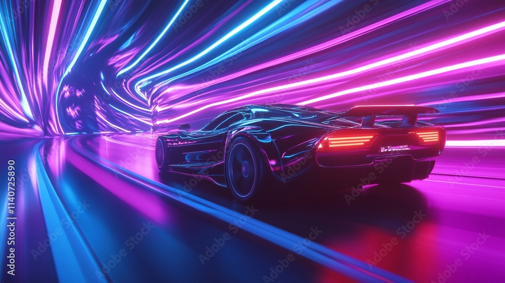 A sleek black sports car speeds through a vibrant neon tunnel, glowing in shades of blue and pink. A sleek black sports car speeds through a vibrant neon tunnel, glowing in shades of blue and pink.