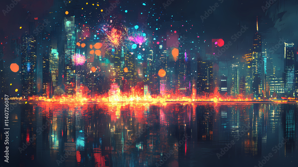 Obraz premium A vibrant city skyline explodes with colorful fireworks over a dark, reflective body of water. Reflective. Illustration