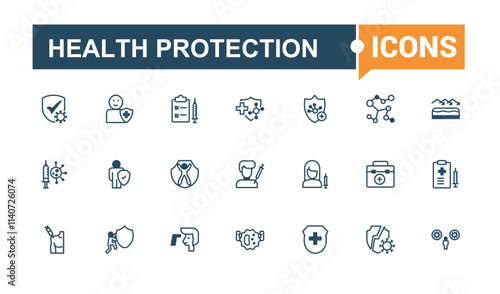Health Protection icon pack. Contains such icons as treatment, protection, infection, health, immunity, prevention, defense, shield. Minimalistic icons. Solid line editable stroke.
