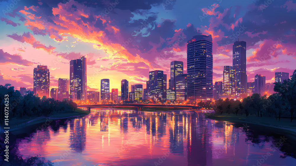 Fototapeta premium A vibrant cityscape at sunset, showcasing reflective buildings and a shimmering river, embodying urban beauty and tranquility. Reflective. Illustration